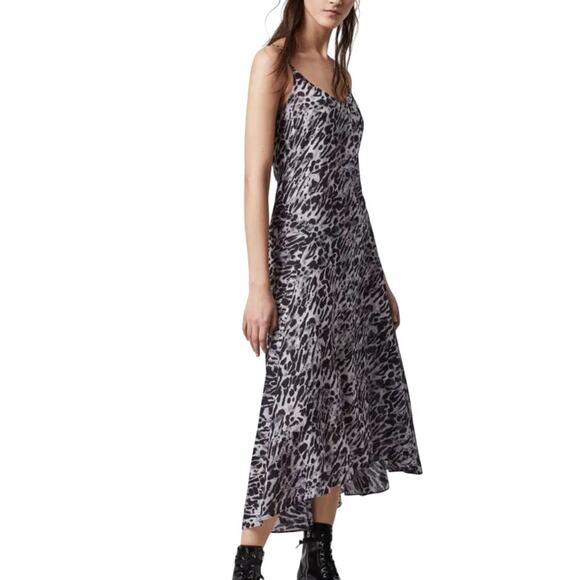 ALLSAINTS Essie Ambient Grey Leopard Print Midi Slip Dress S - Picture 1 of 7